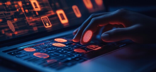 Poster - A woman types on a laptop, biometric scanning occurs, and cybersecurity is discussed