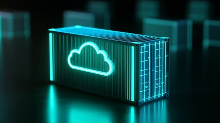 Poster - a glowing digital container with a cloud emblem, representing cloud computing and data storage in fu