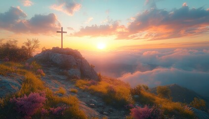 Poster - Sunset Over Mountains with a Cross