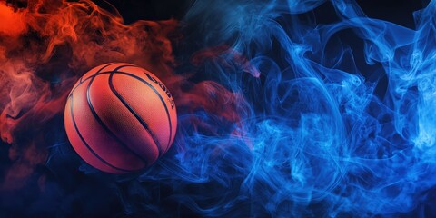 a basketball surrounded by red and blue smoke