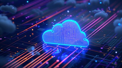 Poster - Abstract concept of cloud computing, representing digital data, network connectivity, and futuristic technology with vibrant colors.
