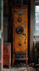 Sticker - Vintage Floral Decorated Stove in Rustic Interior