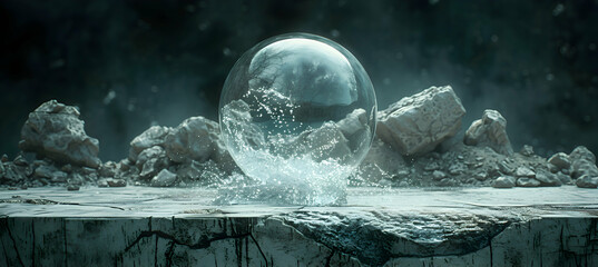 Wall Mural - A close-up shot of a rough stone surface with a translucent 3D object hovering just above, under soft, diffused lighting