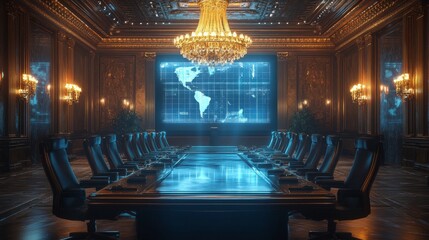 Luxury Conference Room with World Map and Chandelier