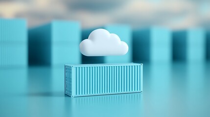 Blue cloud icon above a shipping container, symbolizing cloud storage and logistics integration in a digital concept.