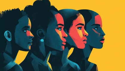 Wall Mural - Diverse group of people in profile view with different skin tones. Modern art vibrant illustration. Concept of cultural diversity, unity, and stop discrimination