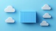 © Tackey - Blue shipping container among white clouds on a light blue background, symbolizing cloud computing and logistics.