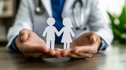 Poster - A layered paper cutout of a doctors hands holding a patients hand emphasizing the human connection and empathy in healthcare Stock Photo with copy space