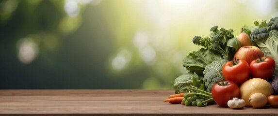 Wall Mural - Fresh Produce on Wooden Table with Green Blurred Background