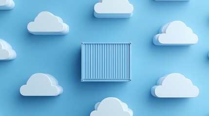 Wall Mural - Blue shipping container surrounded by white clouds on a blue background. Modern storage and cloud computing concept.