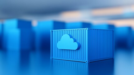 Wall Mural - Blue shipping container with a cloud symbol representing cloud computing and technology. Blurred background showcasing other containers.