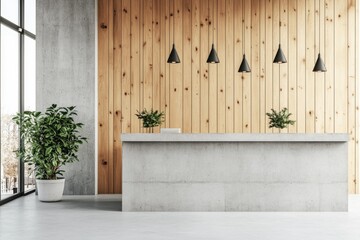 Poster - 3d rendering of a modern reception area with a wooden panel wall and concrete desk.