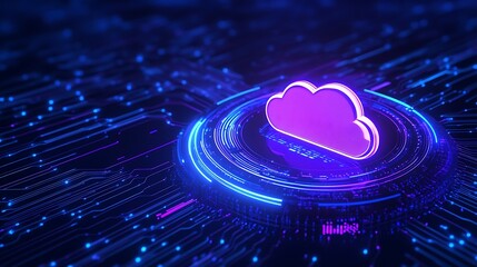 Poster - bright neon cloud icon representing cloud computing and digital technology, set against a futuristic
