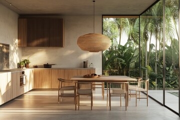 Sticker - View of a home kitchen interior from the top with a cooking cabinet and dining table next to a window