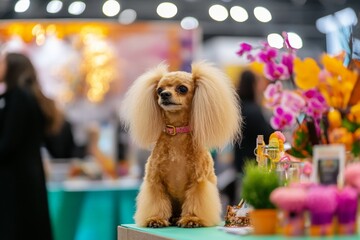 A stylishly groomed dog stands out in a vibrant and colorful setting, adorned with a decorative collar, showcasing its well-maintained and chic appearance at an event.