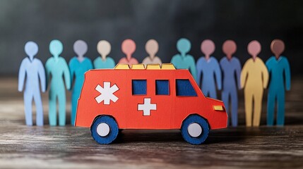 Aufkleber - A paper cut craft of an ambulance with medical staff representing the urgency and care in emergency healthcare services Stock Photo with copy space