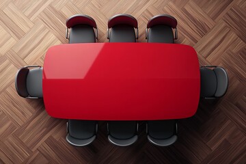 Poster - An interior view of an office meeting room showing a row of red chairs and a red table