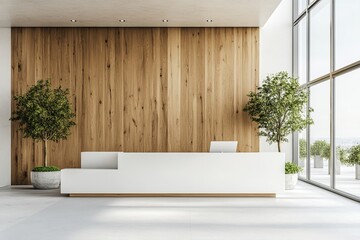 Poster - Reception desk with computers, wood panels, and large windows. Minimalist design. Natural light concept. 3D rendering.