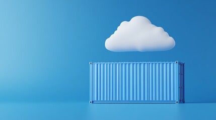 Wall Mural - Cloud computing concept image with a blue cargo container and a cloud above on a blue background. Data storage and containerization metaphor.