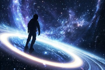 Poster - An astronaut standing by a radiant ring with a stunning galaxy backdrop, symbolizing exploration and the boundless wonders of the universe.