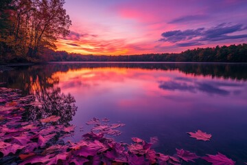 Poster - A breathtaking sunset casts vibrant colors over a serene lake, with autumn leaves floating on the water, creating a peaceful and visually stunning scene.