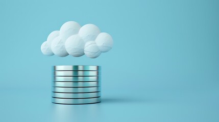 Poster - Cloud computing concept with cloud shape and metal server tower on blue background, representing data storage and technology infrastructure.