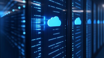 Poster - Cloud computing concept with servers in data center. Blue tone futuristic network storage technology background.