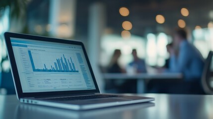 Poster - A laptop displaying a bar chart is placed on a table in a modern office environment with people in the background engaged in a business meeting.