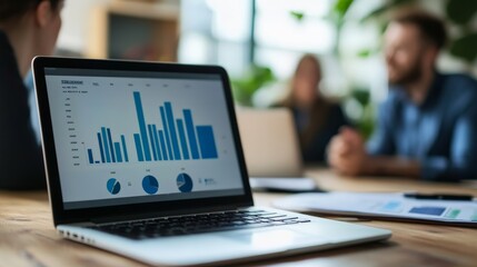 Leinwandbilder - The image captures a team collaborating in an office setting. The laptop displaying various analytic graphs and charts is the central focus, contributing to business productivity.