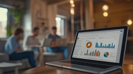 Poster - A group in a cozy office setting collaborates on a project, with a laptop in the foreground displaying colorful data charts and graphs, signifying teamwork and productivity.
