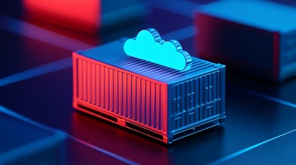 Poster - Cloud technology concept with container and digital grid background, symbolizing data storage and digital infrastructure.