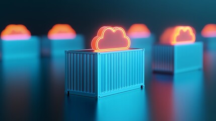 Poster - colorful 3d illustration of cloud computing technology, featuring containers and glowing cloud icons