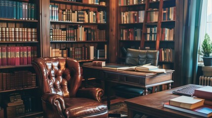 Wall Mural - Cozy Library Interior with Leather Armchair