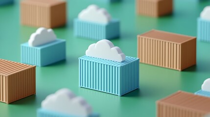 Poster - Colorful containers with cloud icons on a green surface, representing cloud storage and data management concepts.