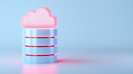 Poster - Creative 3D illustration of cloud computing technology concept with a stylized cloud and server stack on blue background, pink lighting.