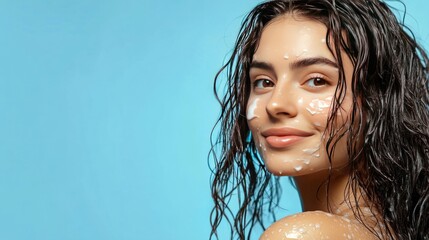 Poster - Close-up portrait of a young woman with wet hair and a face mask on a blue background.