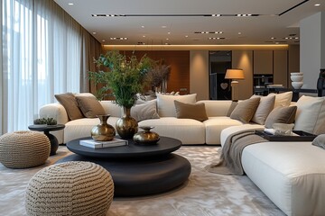 Wall Mural - Modern living room with a black coffee table and a beige couch, covered in pillows and blanket