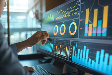 Wall Mural - A financial analyst in a sleek office environment, presenting market trends analysis to a team. The presentation includes charts and graphs projected on a large screen

