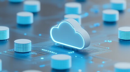 Poster - digital cloud computing concept with a glowing cloud symbol and data servers, representing modern te
