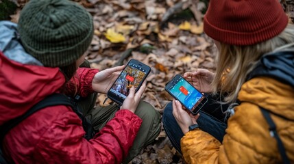 Poster - A group of friends huddled together, holding their smartphones up to video chat with a distant friend, laughing and sharing stories despite the miles between them Stock Photo with copy space