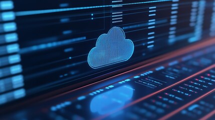 Poster - Digital cloud computing concept with blue glowing cloud icon on futuristic computer screen. Modern technology and data security.