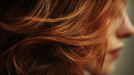 Aufkleber - A woman with vibrant red hair is captured in side profile, her hair gracefully flowing in the gentle breeze during the evening.