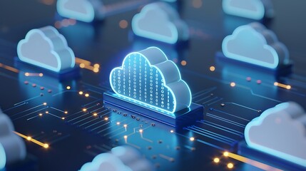 Poster - Digital cloud computing concept with glowing neon clouds representing futuristic technology and data storage solutions.