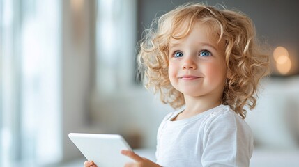 Poster - A young child holding a tablet, talking animatedly with a friend in a different country, showing how technology brings the world closer Stock Photo with copy space