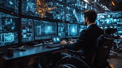 Poster - A man in a wheelchair using a smart home device to control his environment, highlighting how technology enhances independence and accessibility Stock Photo with copy space