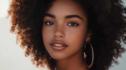 A young woman with curly hair and hoop earrings smiles warmly, showcasing her natural beauty in bright outdoor light.