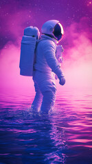 Wall Mural - An astronaut walking in the water of an alien planet