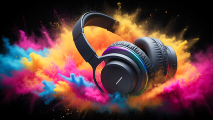 Wall Mural - A pair of headphones and a colorful powder explosion against a dark background