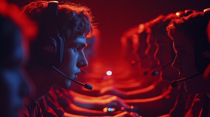 Fototapete - A group of gamers from different countries, all wearing headsets and playing together online, emphasizing the global connectivity through gaming technology Stock Photo with copy space