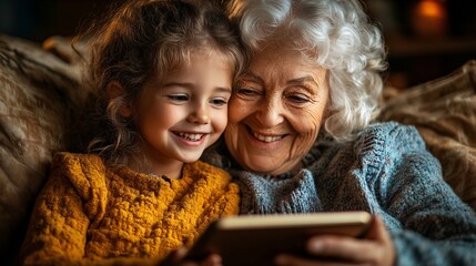 Poster - A child using a tablet to video chat with a grandparent, smiling brightly and sharing stories, bridging the generational gap with technology Stock Photo with copy space